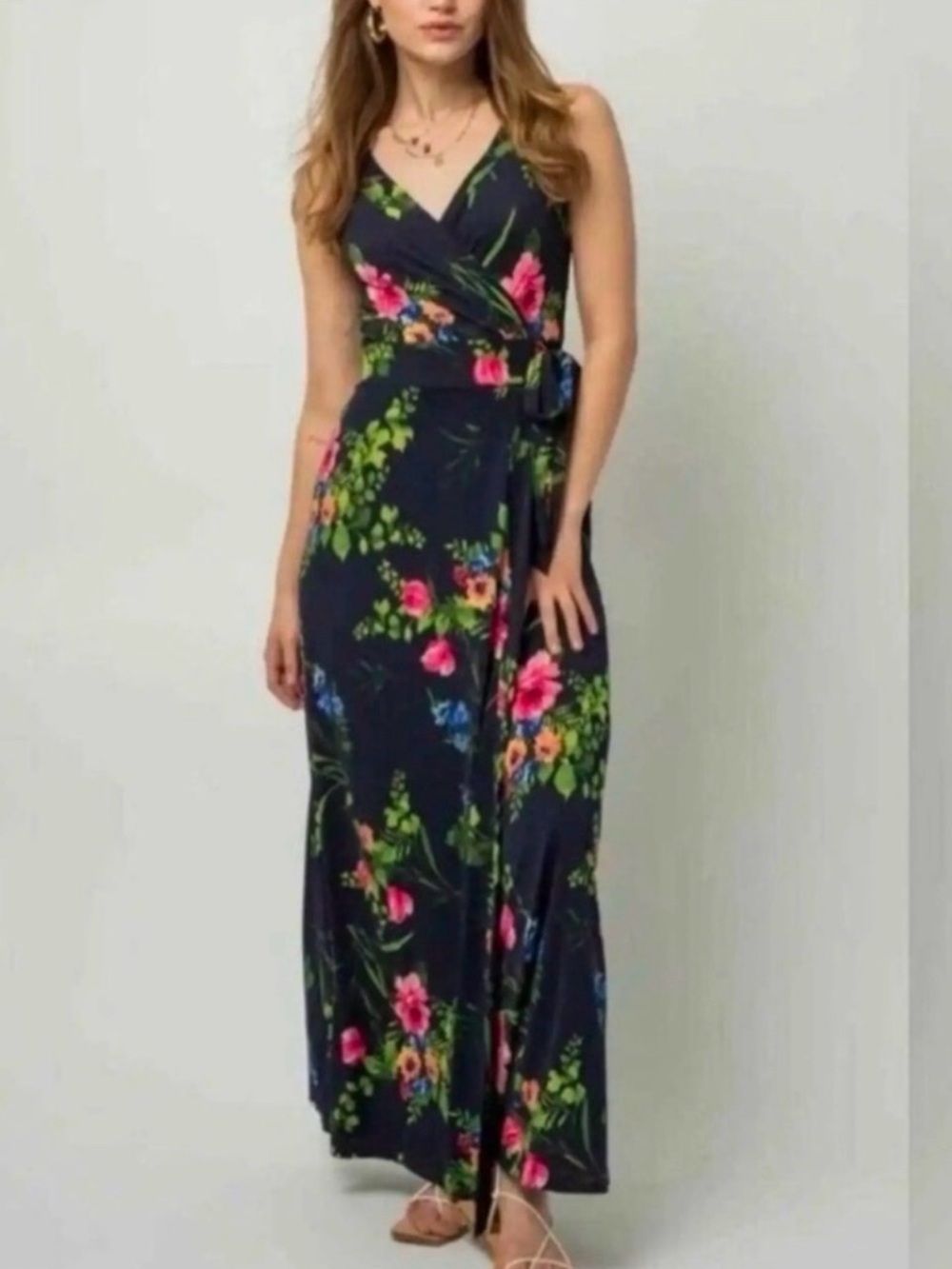 LE LIS Floral Faux Wrap Maxi Dress Navy Pink Tie Waist V Neck Sleeveless Small
